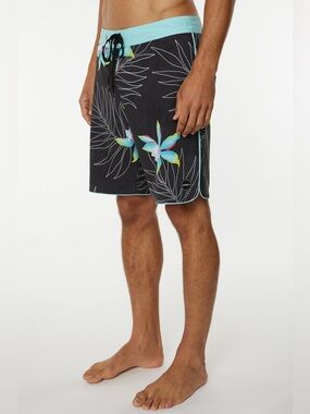 O'Neill Black Floral Boardshorts with Aqua Waistband Side 33